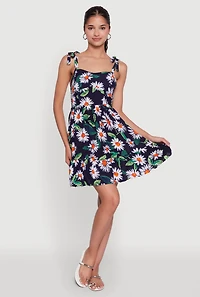 Floral Daisy Print Sleeveless Sundress with Tie Straps