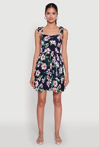 Womens Floral Daisy Print Sleeveless Sundress with Tie Straps, Multi, Size S