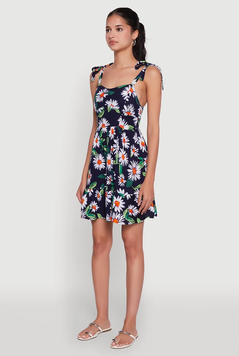 Womens Floral Daisy Print Sleeveless Sundress with Tie Straps, Multi, Size L
