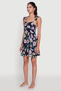 Floral Daisy Print Sleeveless Sundress with Tie Straps