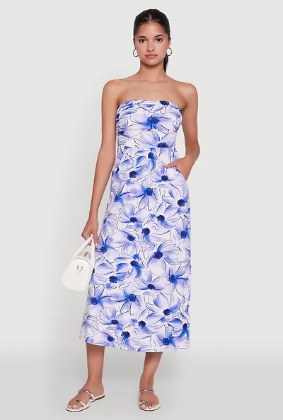 Womens Floral Ruched Tube Sundress, Blue, Size L