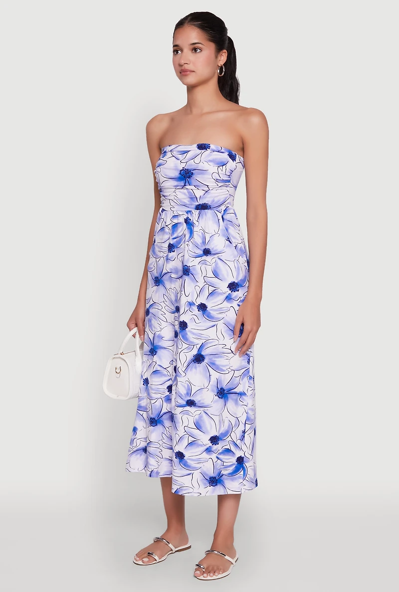 Womens Floral Ruched Tube Sundress, Blue, Size L