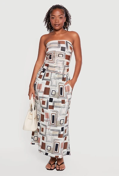 Geometric Print Side Ruched Tube Dress with Pockets
