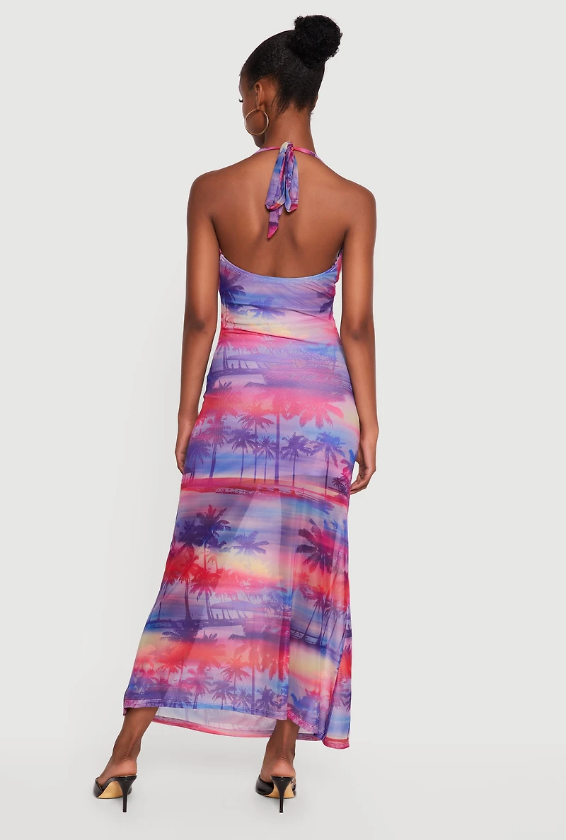 Palm Tree Print Mesh Tie Back Cowl Halter Neck Maxi Dress