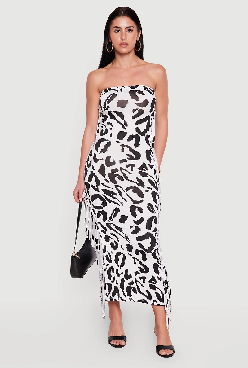 Patterned Fringe Side Maxi Tube Dress