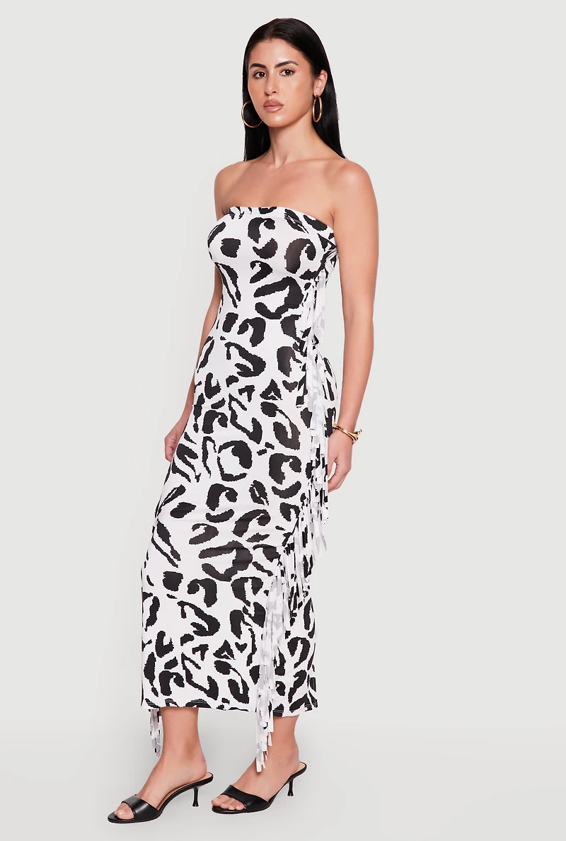 Patterned Fringe Side Maxi Tube Dress