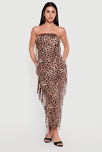 Leopard Print Tube Dress with Side Fringe