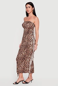 Leopard Print Tube Dress with Side Fringe
