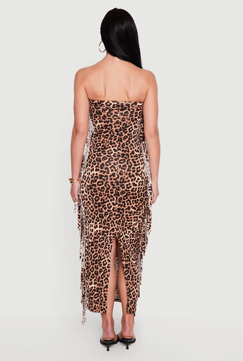 Leopard Print Tube Dress with Side Fringe