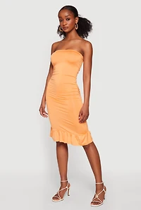 Ruched Tube Dress with Ruffle Hem