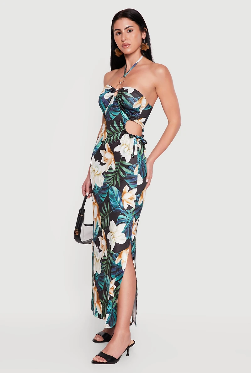 Tropical Floral Keyhole Halter Maxi Dress