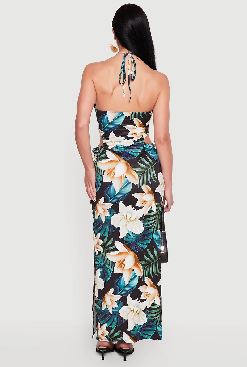 Tropical Floral Keyhole Halter Maxi Dress