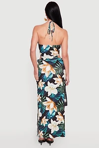 Tropical Floral Keyhole Halter Maxi Dress