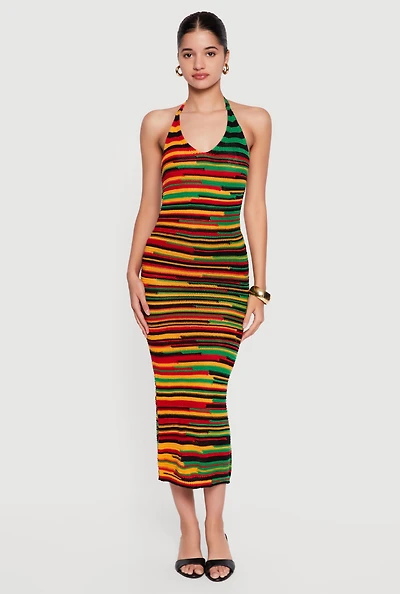 Striped Tie Back Halter Neck Midi Dress