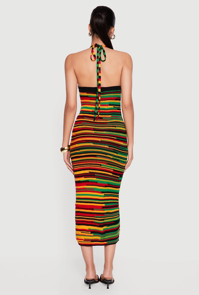 Striped Tie Back Halter Neck Midi Dress