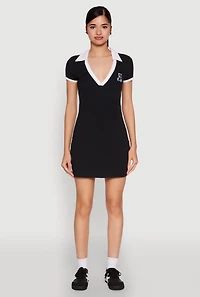 Womens Contrast Trim Johnny Collar Polo Dress, Black,