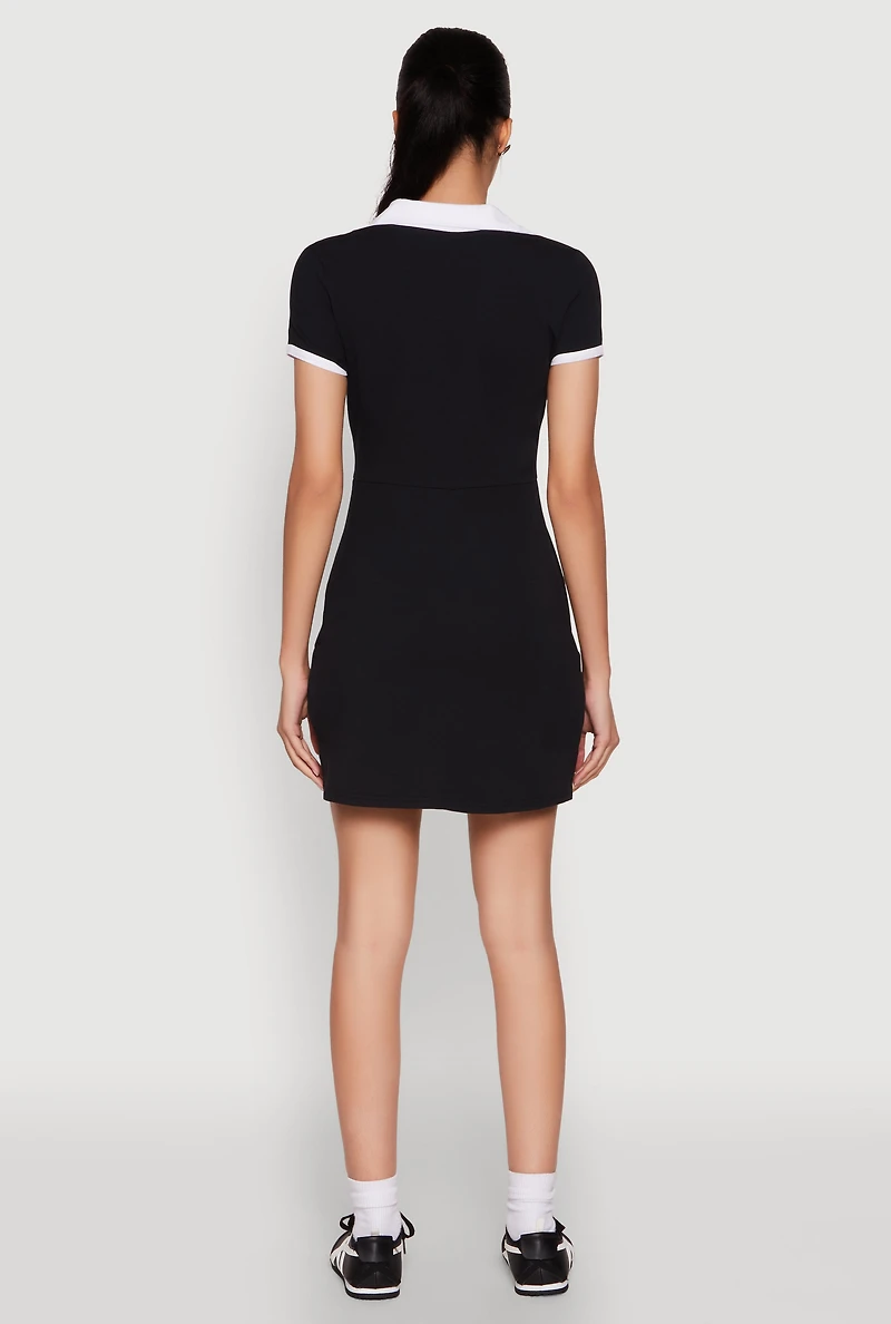 Womens Contrast Trim Johnny Collar Polo Dress, Black,