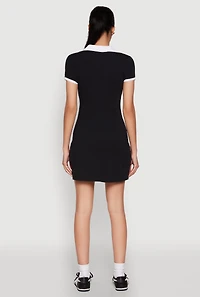 Womens Contrast Trim Johnny Collar Polo Dress, Black,