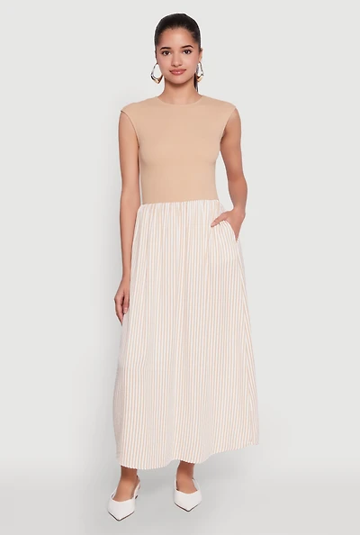 Womens Cap Sleeve Pinstripe Maxi Dress, Beige, Size M