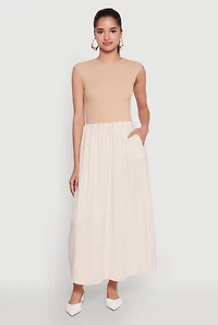 Womens Cap Sleeve Pinstripe Maxi Dress, Beige, Size M