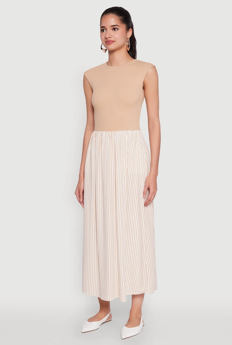 Womens Cap Sleeve Pinstripe Maxi Dress, Beige, Size M