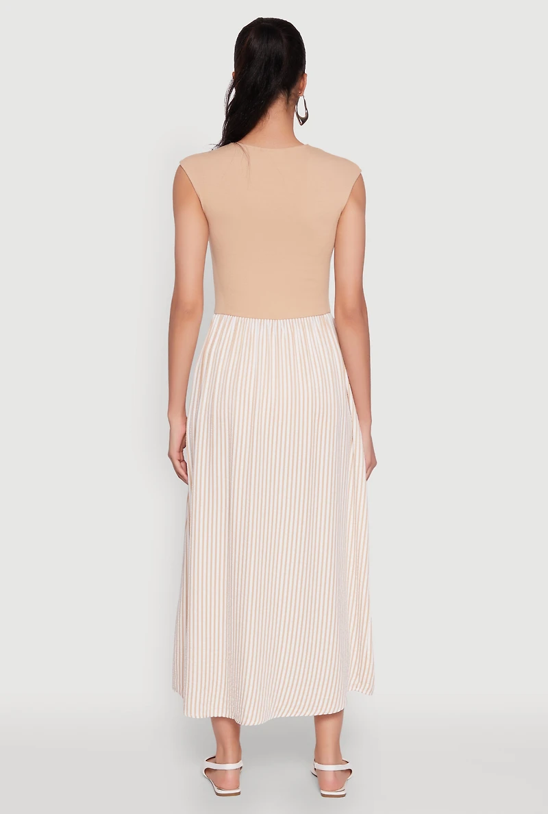 Womens Cap Sleeve Pinstripe Maxi Dress, Beige, Size M