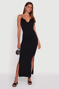 Womens Ribbed Knit Sleeveless Notch Neck Maxi Dress,