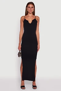 Womens Ribbed Knit Sleeveless Notch Neck Maxi Dress,