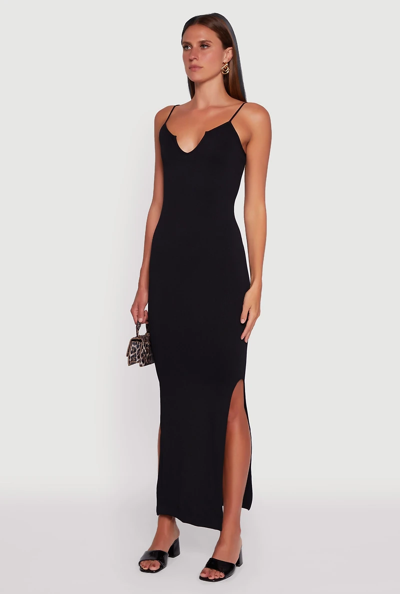 Womens Ribbed Knit Sleeveless Notch Neck Maxi Dress,