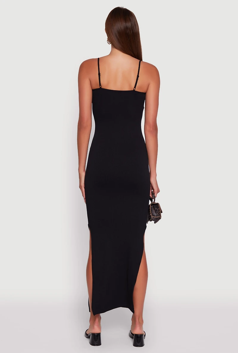 Womens Ribbed Knit Sleeveless Notch Neck Maxi Dress,