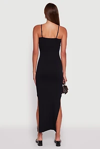 Womens Ribbed Knit Sleeveless Notch Neck Maxi Dress,