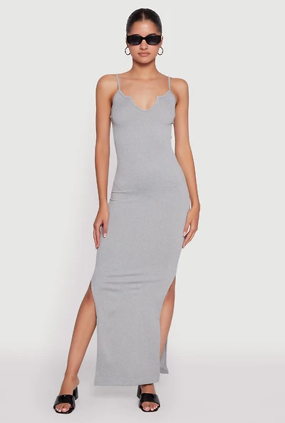 Womens Ribbed Knit Sleeveless Notch Neck Maxi Dress,