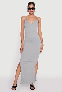 Womens Ribbed Knit Sleeveless Notch Neck Maxi Dress,