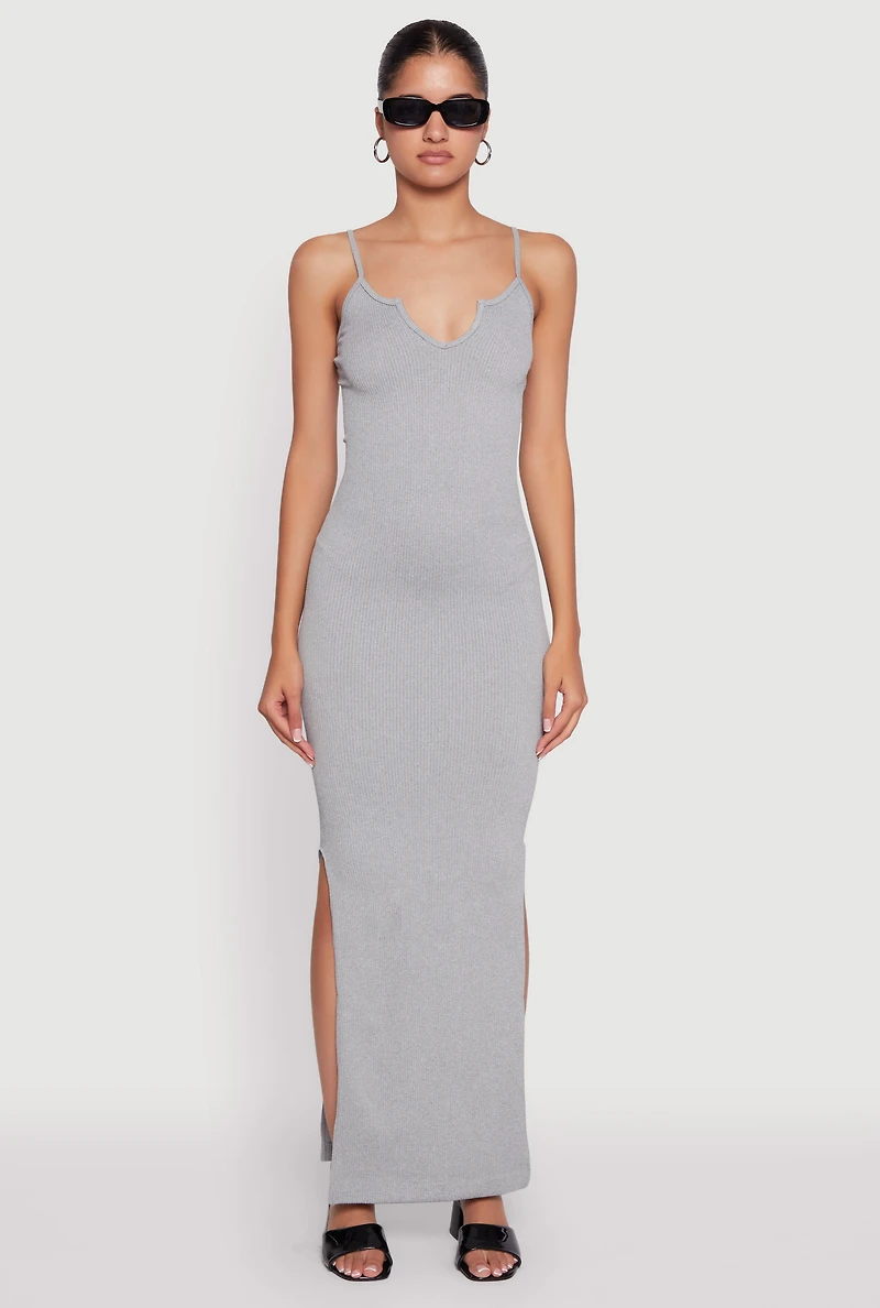 Womens Ribbed Knit Sleeveless Notch Neck Maxi Dress, Grey,