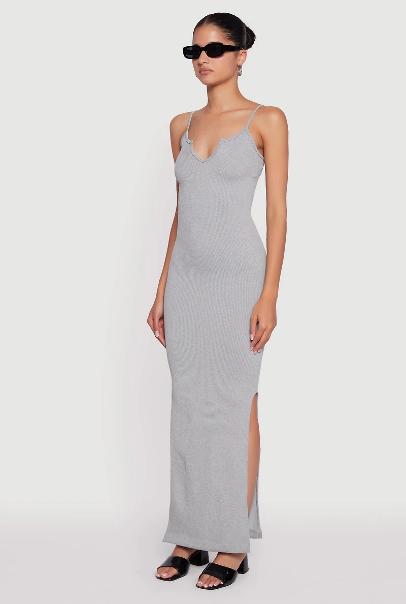Womens Ribbed Knit Sleeveless Notch Neck Maxi Dress,