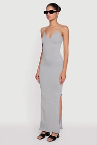 Womens Ribbed Knit Sleeveless Notch Neck Maxi Dress,