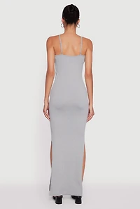 Womens Ribbed Knit Sleeveless Notch Neck Maxi Dress,