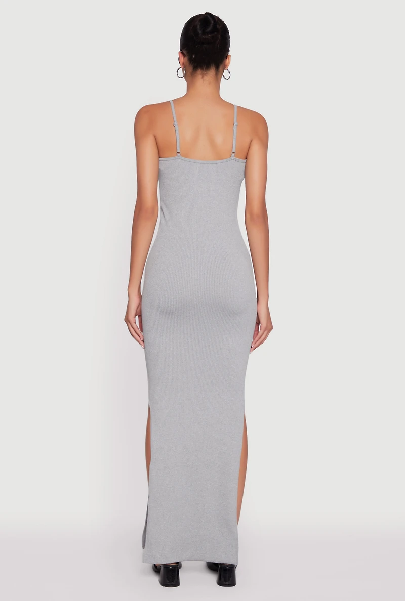 Womens Ribbed Knit Sleeveless Notch Neck Maxi Dress, Grey,