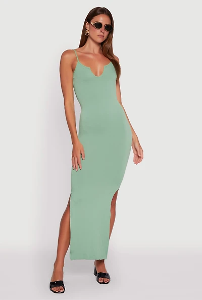 Womens Ribbed Knit Sleeveless Notch Neck Maxi Dress,