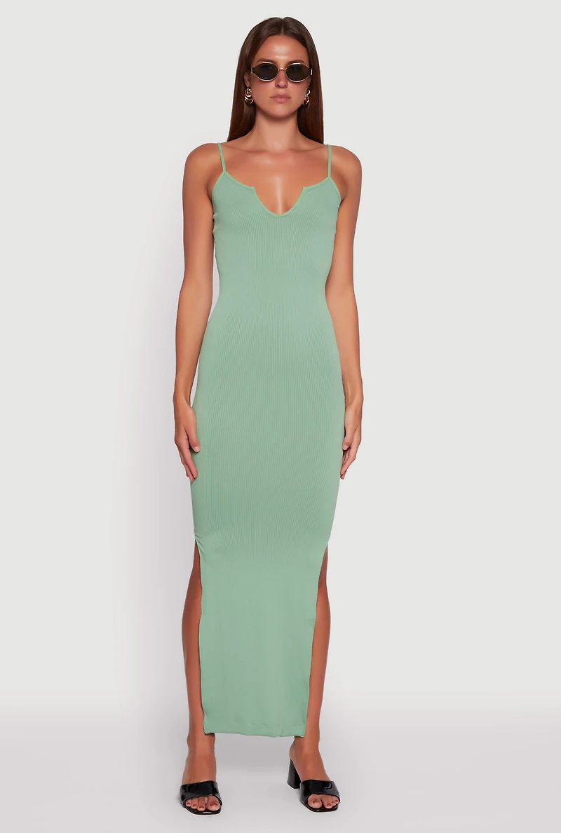 Womens Ribbed Knit Sleeveless Notch Neck Maxi Dress, Green,