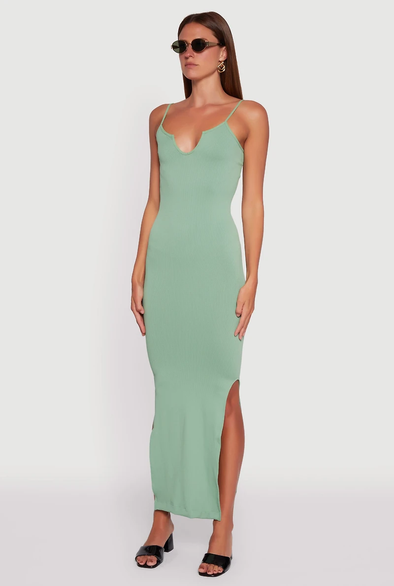 Womens Ribbed Knit Sleeveless Notch Neck Maxi Dress, Green, Size L