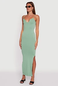 Womens Ribbed Knit Sleeveless Notch Neck Maxi Dress, Green, Size L