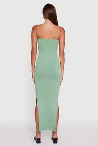 Womens Ribbed Knit Sleeveless Notch Neck Maxi Dress, Green, Size L