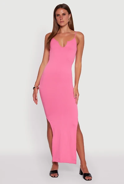 Womens Ribbed Knit Sleeveless Notch Neck Maxi Dress, Pink, Size M