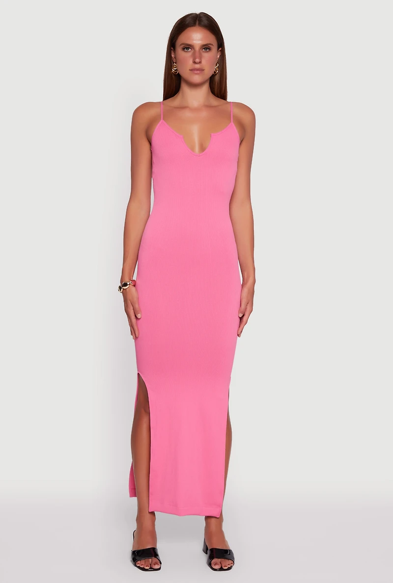 Womens Ribbed Knit Sleeveless Notch Neck Maxi Dress, Pink, Size M