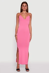 Womens Ribbed Knit Sleeveless Notch Neck Maxi Dress, Pink, Size M