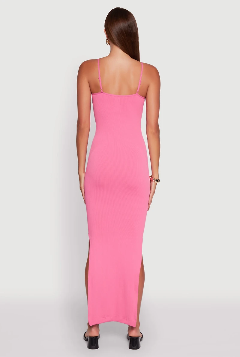 Ribbed Knit Sleeveless Notch Neck Maxi Dress