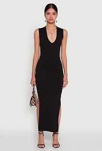 Womens Trendy Rib Knit Plunge Neck Side Slit Maxi Dress,