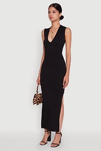 Womens Trendy Rib Knit Plunge Neck Side Slit Maxi Dress,