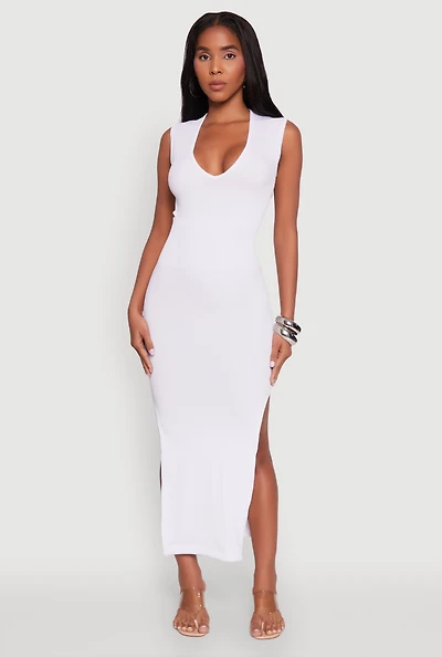 Womens Trendy Rib Knit Plunge Neck Side Slit Maxi Dress, White, Size S